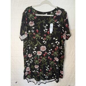 Tahari Dress 2X Plus Black Sheath Floral short sleeve midi stretch NWT